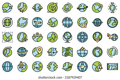 Around the world icons set outline vector. Globe world. Arrow wire