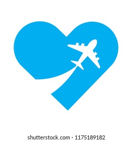 Around the world logo travelling by plane with blue heart, airplane trip travel Flat icon modern concept isolate on white background Design style vector illustration. banner, Card, Poster,
