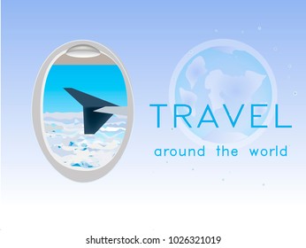 around the world, looking in the airplane window on the wing of an airplane, blue sky and clouds, vector