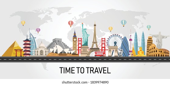 around the world with map. time to travel concept. Road trip. Big set of famous landmarks of the world. vector illustration in flat style modern design. 