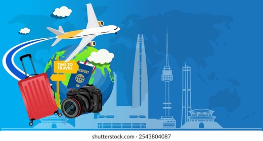 around the world with map. time to travel concept. Road trip. Big set of famous landmarks of the world. vector illustration in flat style modern design.