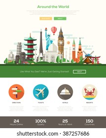 Around the world one page traveling website template layout with thin header, banner, icons and other flat design web elements - world famous landmarks collection