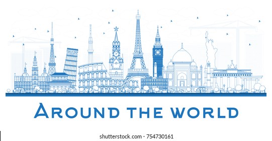 Around the World OutlineTravel Concept with Famous International Landmarks. Vector Illustration. Business and Tourism Concept. Image for Presentation, Placard, Banner or Web Site.