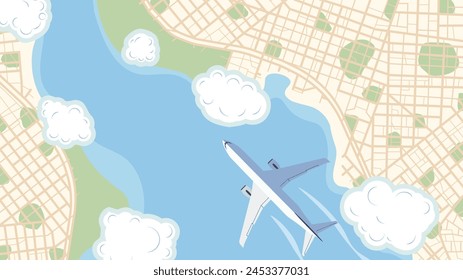 Alrededor del mundo. Vista panorámica superior con avión de vuelo Avión volando sobre paisaje urbano, paisaje natural rodeado de nubes. Ilustración plana de Vector