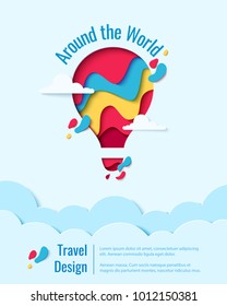 Around the World paper art concept of hot air balloon in sky over clouds. Vector travel origami paper cut banner template