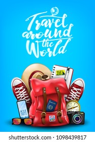 Around the World Poster in Blue Background with 3D Realistic Items Such as Backpack, Sneakers, Hat, Notepad, Compass, Mobile Phone, Sunglasses and Camera. Vector Illustration
