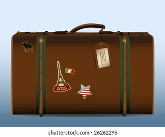 around the world! - realistic illustration of a vintage suitcase with tag and different stickers Please see img.no. 26261566 for other detailed stickers.