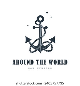 Around the world. Sea traveling logo with anchor icon. Maritime cruise. Vector template for ocean voyages on white background.