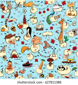 Around the World seamless pattern in colors on blue background. Collection of various isolated objects, sights, animals and characteristic. Illustration is eps10 vector, background separated. 