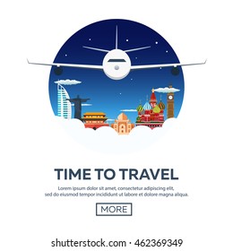 Around the World. Tourism. Travelling illustration. Modern flat design. Travel by airplane, vacation, adventure, trip. Time to travel