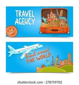 Around the world travel agency horizontal banners set with suitcase of famous sightseeings  isolated vector illustration