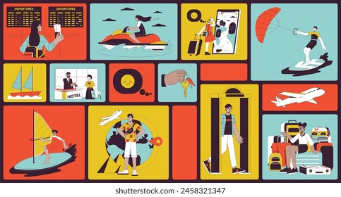 Around world travel bento grid illustration set. Summer tourism, water sports 2D vector image collage design graphics collection. Summertime vacationers diverse flat characters moodboard layout