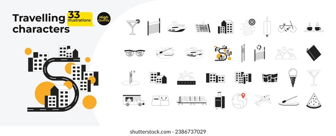 Around world travel road trip black and white 2D cartoon objects bundle. Adventure tourism isolated vector outline items collection. Transport, luggage, buildings monochromatic flat spot illustrations