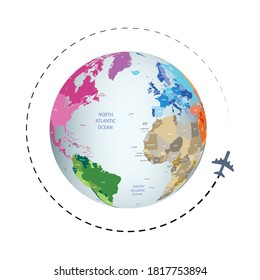 Around the world travel vector with Earth plnaet and flying airplane