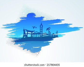 Around the world traveling concept with famous monuments. 