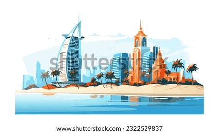 Around the world and traveling Dubai,United Arab Emirates,Burj Al Arab  watercolor technic and Flat color conceptual in important Landmark and Builder use for promote and used to publicize tourism