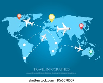 Around the world travelling by plane, vector illustration