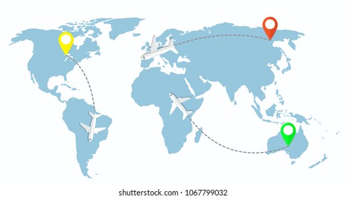 Around the world travelling by plane, vector illustration