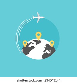 Around The World Travelling By Plane, Airplane Trip In Various Country, Travel Pin Location On A Global Map. Flat Icon Modern Design Style Vector Illustration Concept.