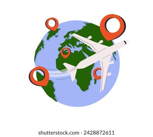 Around the world travelling by plane, airplane trip in various country, travel pin location on a global map. Web Vector Illustrations. Making advertising media about tourism. Travel and transport