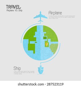 Around the world travelling by plane vs ship infographics, Flat icon modern design style vector illustration concept.