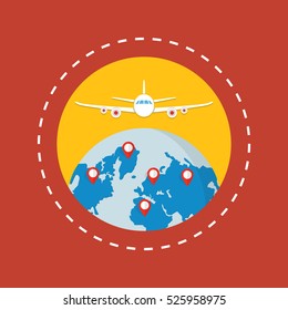 Around the world travelling by plane concept, travel pin location on a global map. Flying plane above the earth. Flat vector illustration.