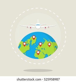 Around the world travelling by plane concept, travel pin location on a global map. Flying plane above the earth. Flat vector illustration.
