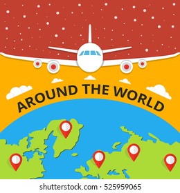 Around the world travelling by plane concept, travel pin location on a global map. Flying plane above the earth. Flat vector illustration.