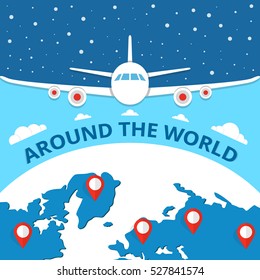 Around the world travelling by plane concept, travel pin location on a global map. Flying plane above the earth. Flat vector illustration.
