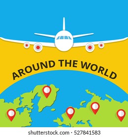 Around the world travelling by plane concept, travel pin location on a global map. Flying plane above the earth. Flat vector illustration.