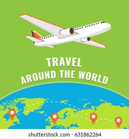 Around the world travelling by plane concept, travel pin location on a global map. Flying plane above the earth. Flat vector illustration.