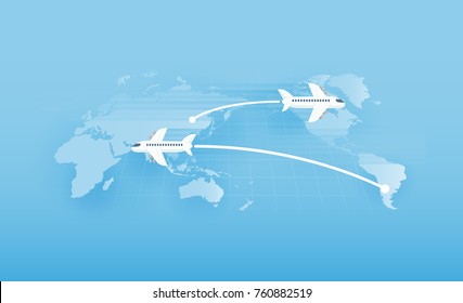 Alrededor del mundo viajando en avión, ilustración vectorial