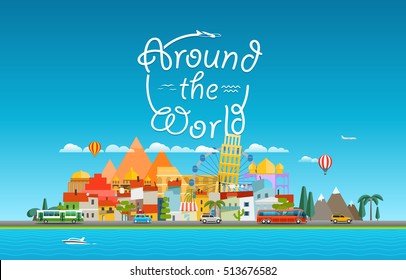 Around the world travelling concept. Asia cityscape Vector travel illustration 