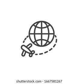 Around the world travelling line icon. Globe and plane linear style sign for mobile concept and web design. Airplane trip outline vector icon. Symbol, logo illustration. Vector graphics