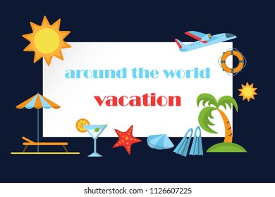 Around the world vacation poster with summer icons of sun palm umbrella and flippers vector illustration. Flat style design. Colorful template for web site print media