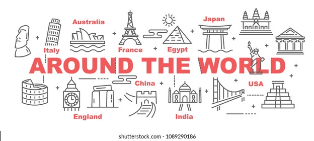around the world vector banner design concept, flat style with icons