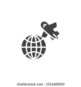 Around world vector icon. Worldwide, travel filled flat sign for mobile concept and web design. Globe grid and airplane glyph icon. Symbol, logo illustration. Vector graphics