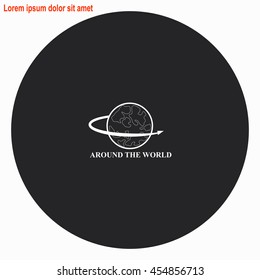 Around the world web icon. Gray circle button with white illustration.