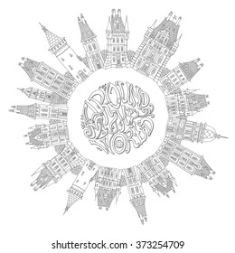 Around the World.Decorative architecture vector round border. Black and white doodle. Fantasy landscape. Fairy tale castle panorama, old medieval town street. Hand drawn sketch, house tower silhouette