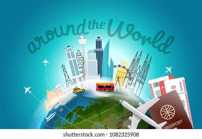 Around the wotld concept with logo. Travel destination vector illustration