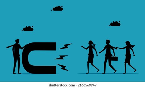  arouse interest. A businessman attracts people with a magnet. Black Silhouette Business Concept Vector