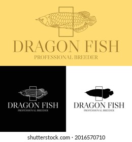 an arowana fish logo that passes through a rectangle with a simple and luxurious outline style,can be used for fish farms,fish pet shops or clothing