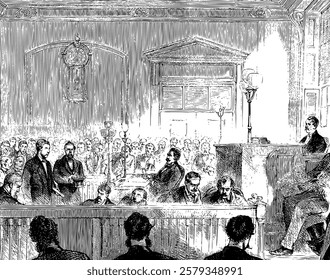 Arraignment in a courtroom, judge and defendant. Line art drawing black and whit, with spectators.