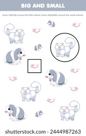 Arrange by size big or small by drawing circle and square of cute white animal pet worksheet