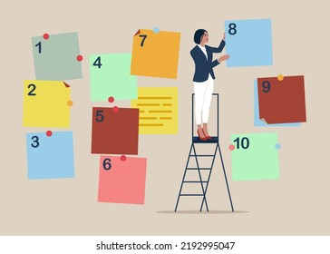 Arrange to do list which job to do before and after, set work priority,  task management concept. Businesswoman manage to prioritize sticky note with number.