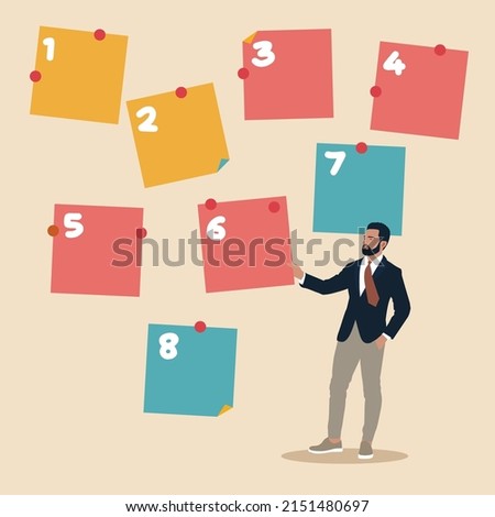 Arrange to do list which job to do before and after, set work priority,  task management concept, young entrepreneur businessman manage to prioritize sticky note with number.