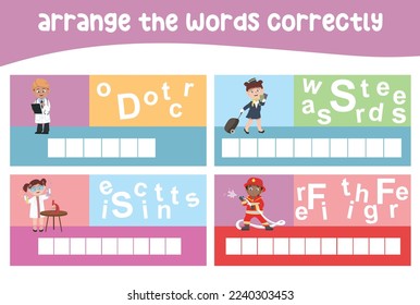 Arrange the jumble words correctly. educational game for kids to learn rearranging the words in the correct order. Language worksheet with profession dreams theme. Kawaii vector illustration file. 