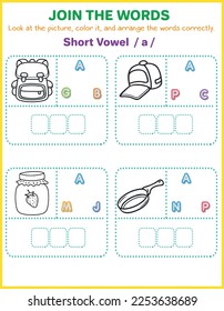 Arrange the letters in order with pictures to color. -3 letters -Short Vowel a Worksheet