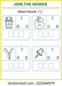 Arrange the letters in order with pictures to color. -3 letters -Short Vowel i Worksheet
