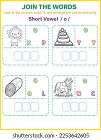 Arrange the letters in order with pictures to color. -3 letters -Short Vowel o.Worksheet